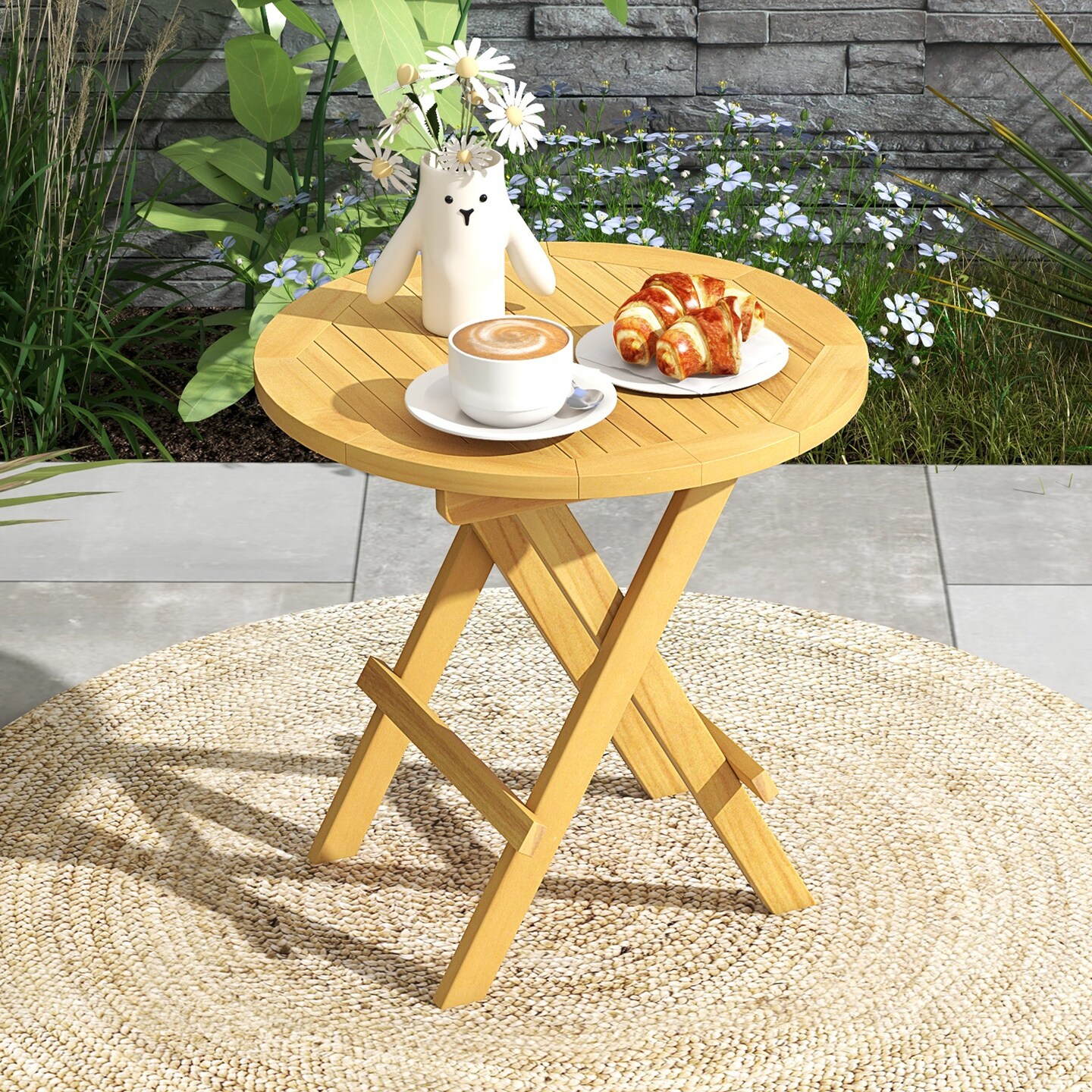 Teak Wood Folding Side Table with Slatted Top, X-Shaped Base and Versatile Outdoor Use