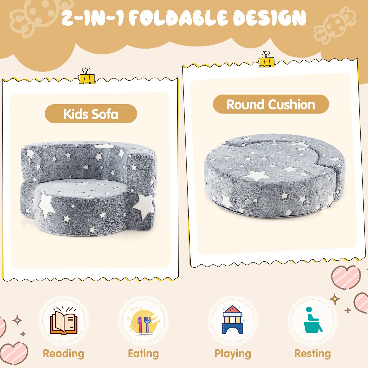 2-in-1 Grey 2-in-1 Convertible Design Kids Sofa with Flannel Fabric Cover and Luminous Star Patterns