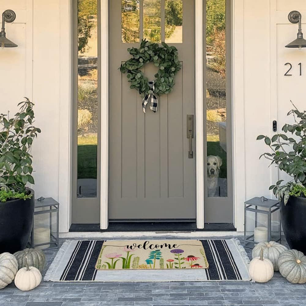Spring Welcome Mat Flower Seasonal Outdoor Rug Low-Profile Front Door Non Slip Indoor Doormat 17 Inch x 29 Inch DM007