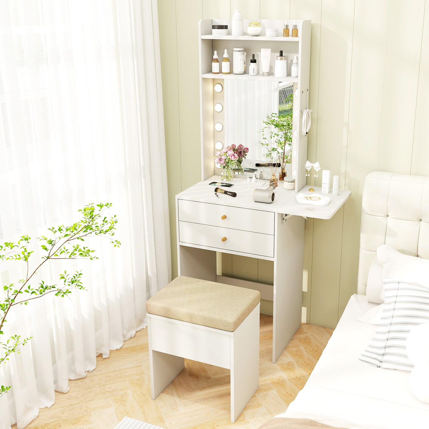 White Vanity Set with LED Mirror, Charging Station &#x26; Storage
