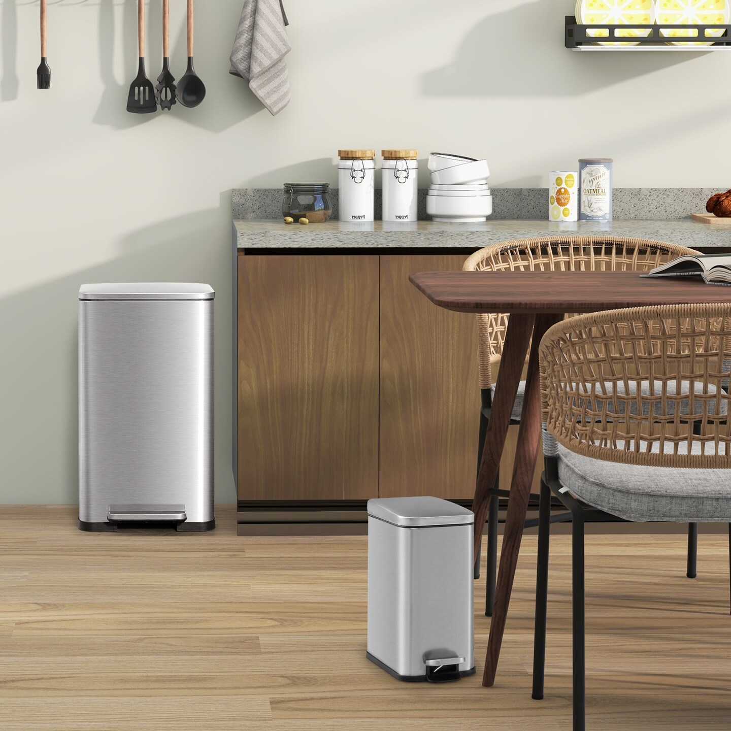 Silver & Rose Gold Stainless Steel Dual Trash Cans with Soft Close