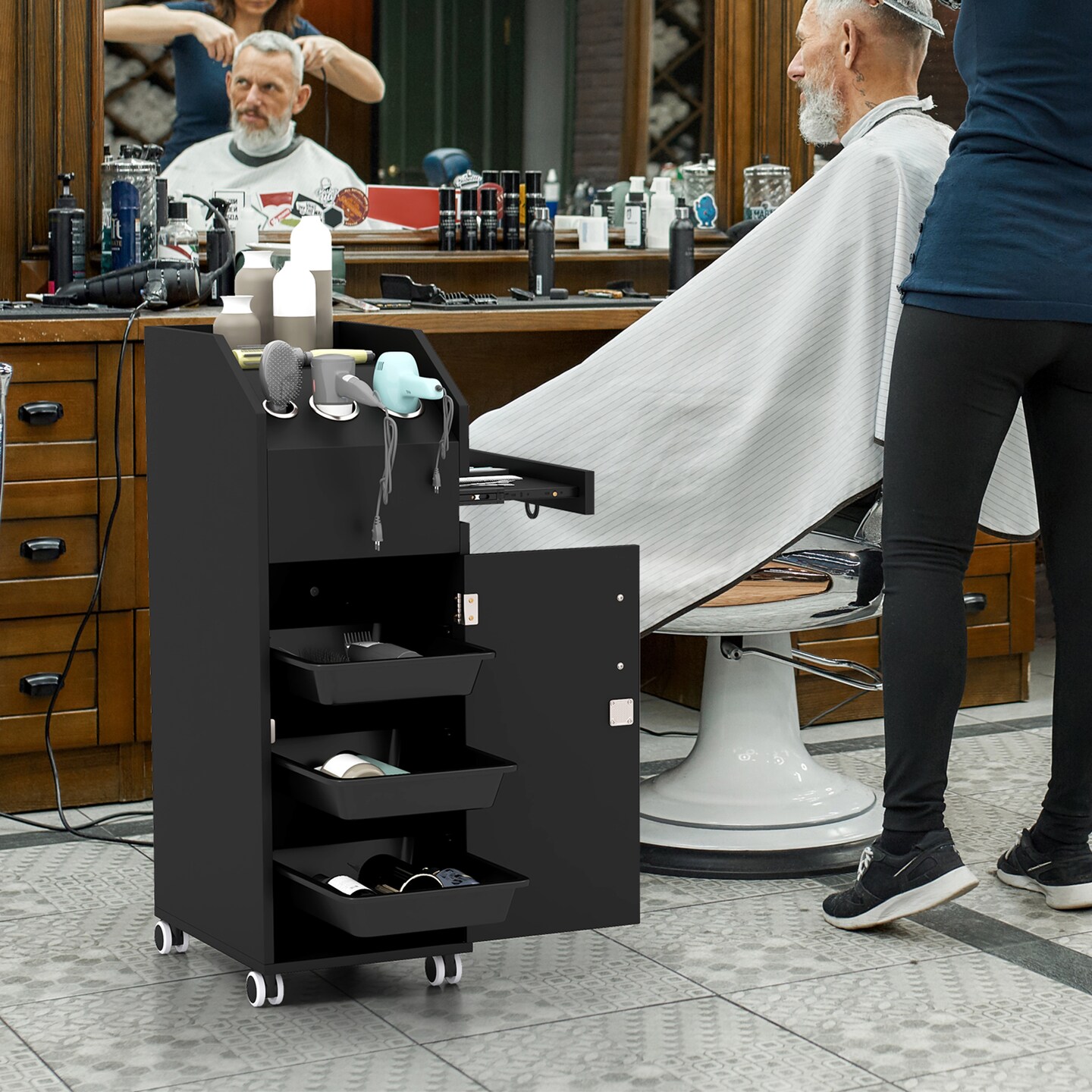 Salon Trolley Cart 360&#xB0; Rolling Tool Cart Mobile Storage Station with 4 Lockable Wheels-Black