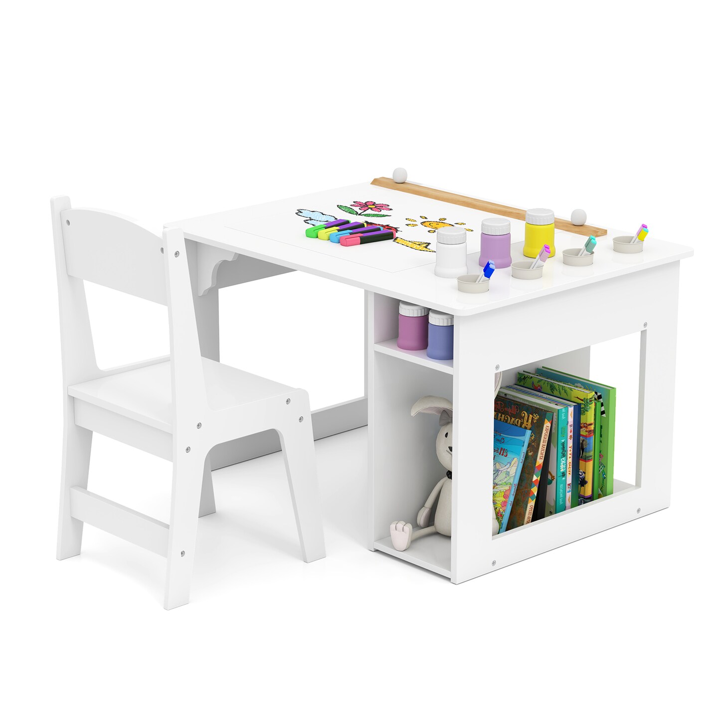 White Kids Craft Drawing Desk with Chair and 2 Spacious Storage Shelves