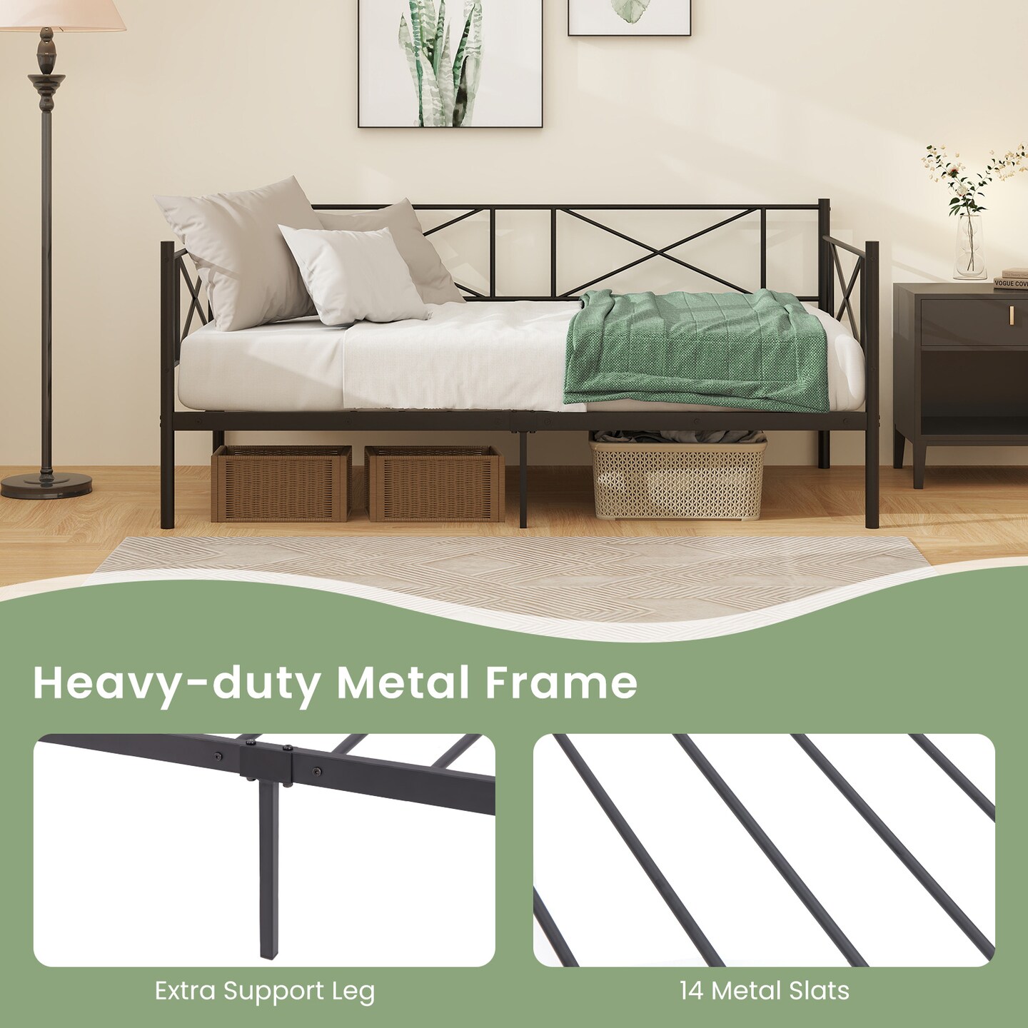 Twin Platform Bed Frame with Metal Slats and Space-saving Design