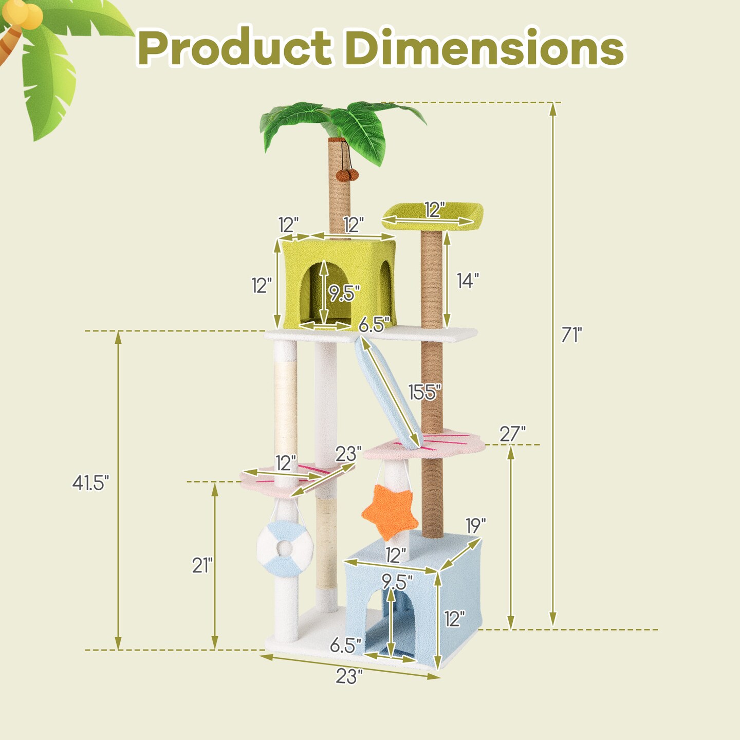 Plush Cat Tree with Condos, Scratching Posts and Beach Theme