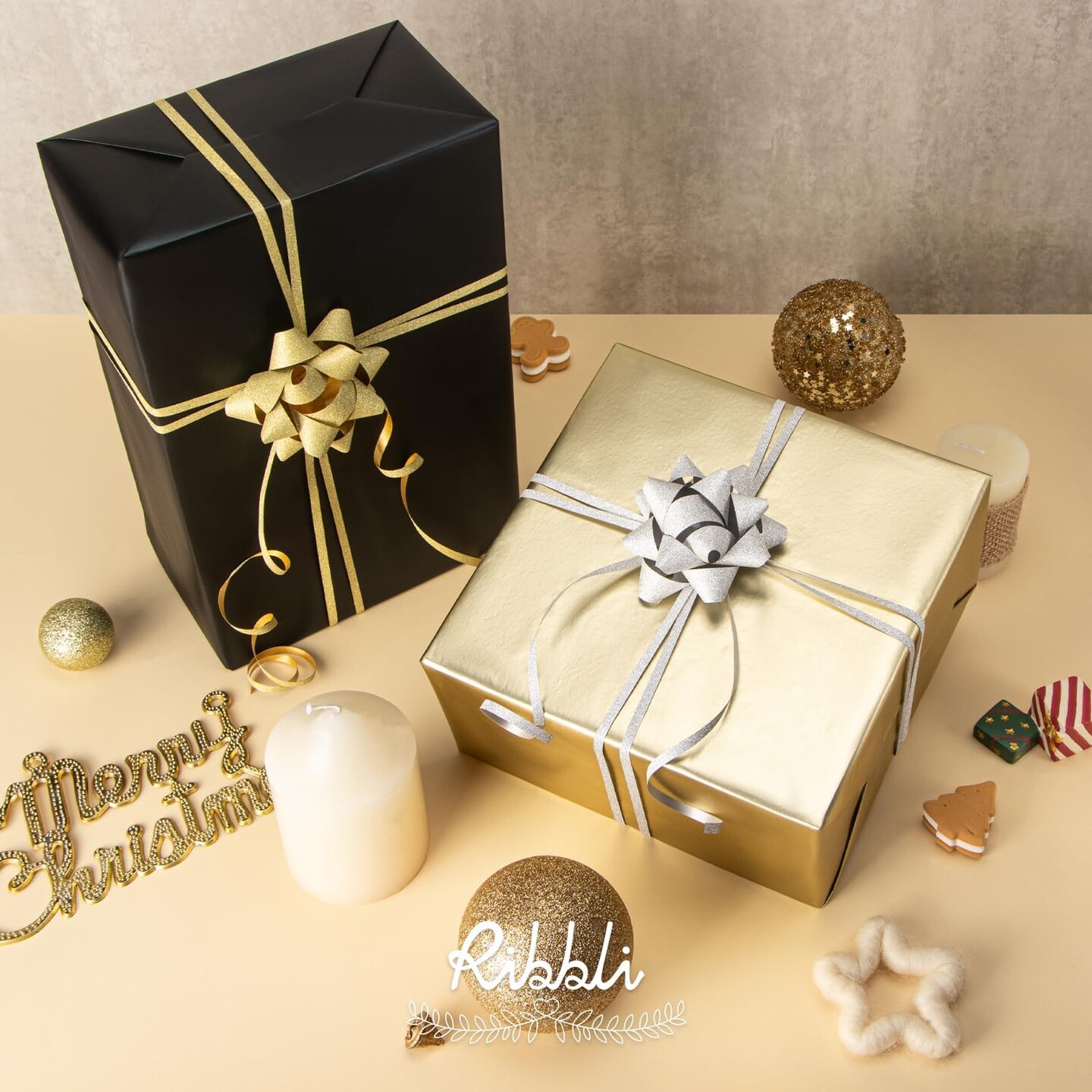 Black & Gold Christmas Wrapping Paper Set – 2 Mini Rolls Metallic Matte Solid Color with Curling Ribbon & Gift Bows, 17” x 16 ft Each (Black/Gold)