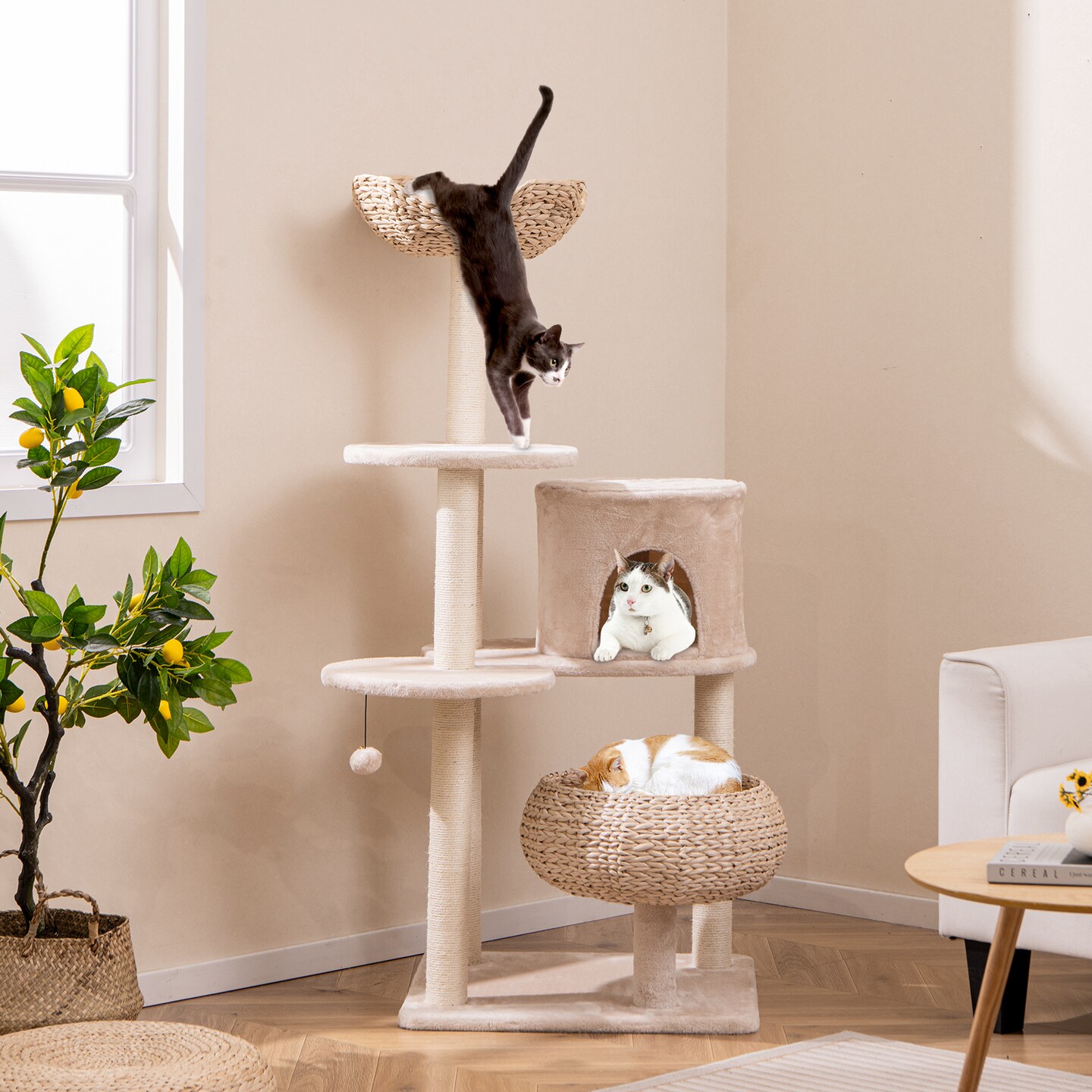 Beige Cattail Cat Tower with 7 Full-Wrapped Scratching Posts and Soft Padded Cushions