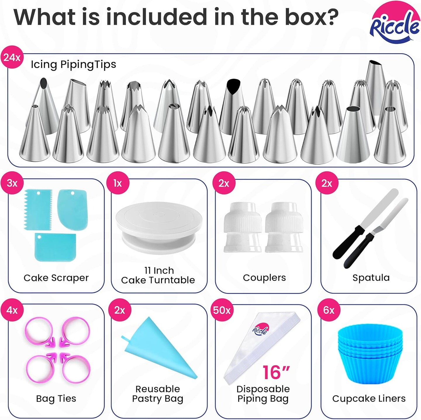 94 pcs Cake Decorating Kit with Cake Turntable - Includes 50pcs 16 Inch Disposable + 2 Reusable Piping Bags and Tips Set, 24 Icing Piping Tips, 2 Spatulas, 3 Icing Comb Scraper, 6 Cake Liners