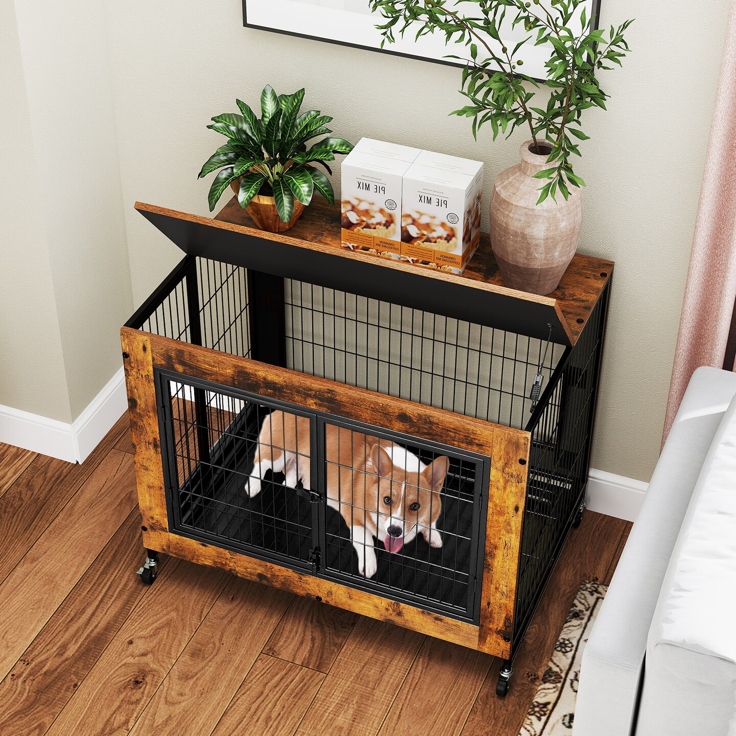 Rustic Brown Flip-up Top Dog Kennel with Removable Tray and 3 Lockable Doors