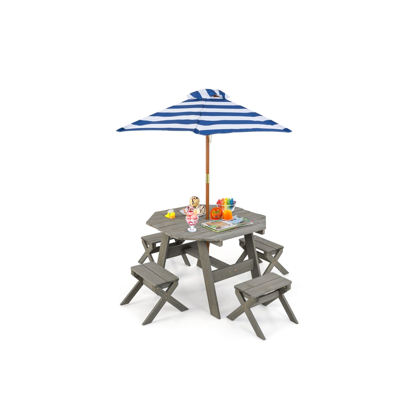 2-in-1 Convertible Kids Wooden Table Set with Umbrella Hole Perfect Gift for Your Kids