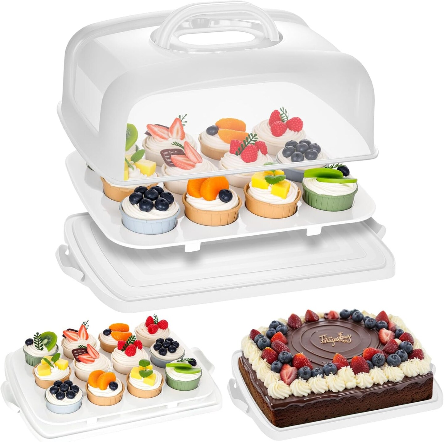 Cake Carrier with Lid, White Cake Holder Cupcake Container for 12 Cupcakes 2 in 1 Portable Dessert Container for Cake Pie Muffin Cobbler