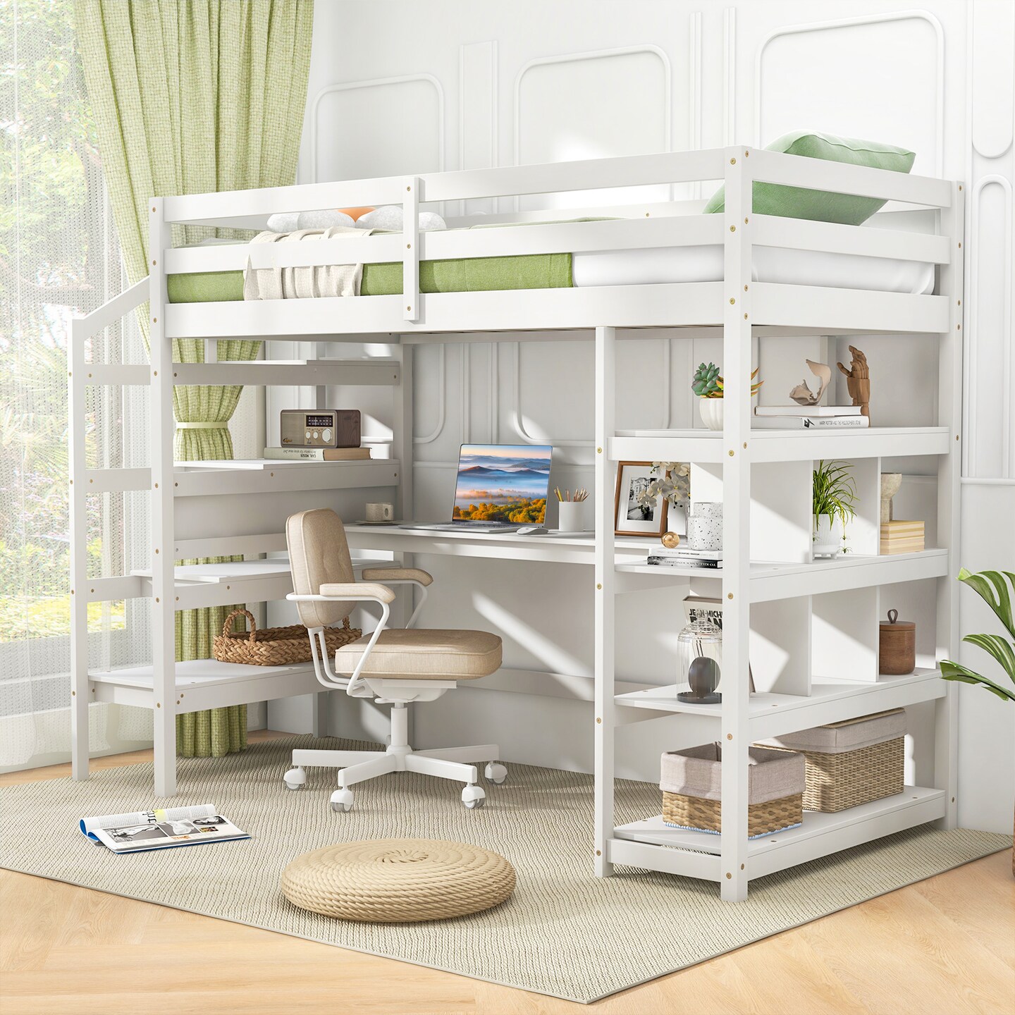 White Twin Size Loft Bed with Desk, Storage Stairs, Shelves and Safety Guardrails