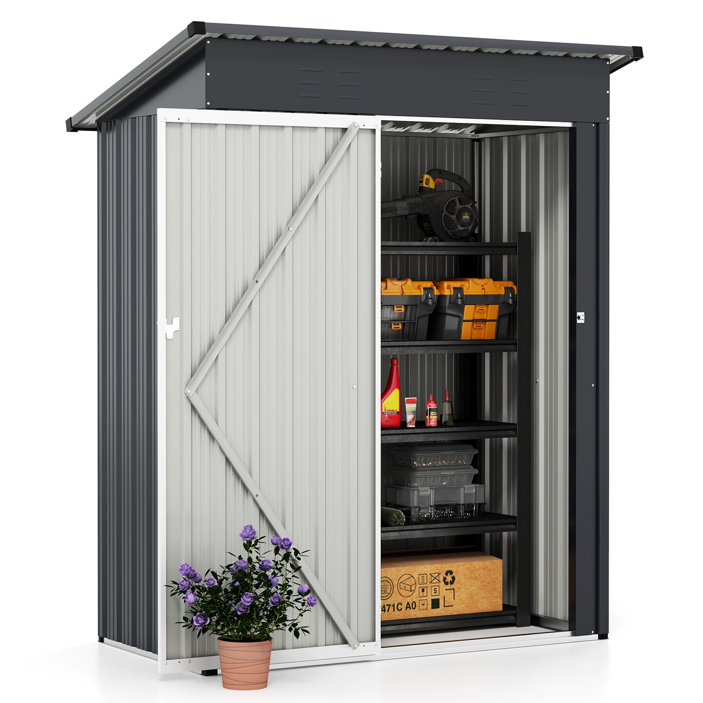 Grey Galvanized Metal Outdoor Storage Shed with Lockable Door, Vents, and Roof