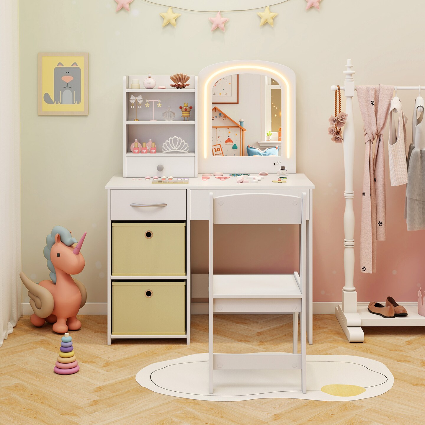 White MDF Kids Vanity Set with LED Mirror, Storage Drawers and Child-Safe Features