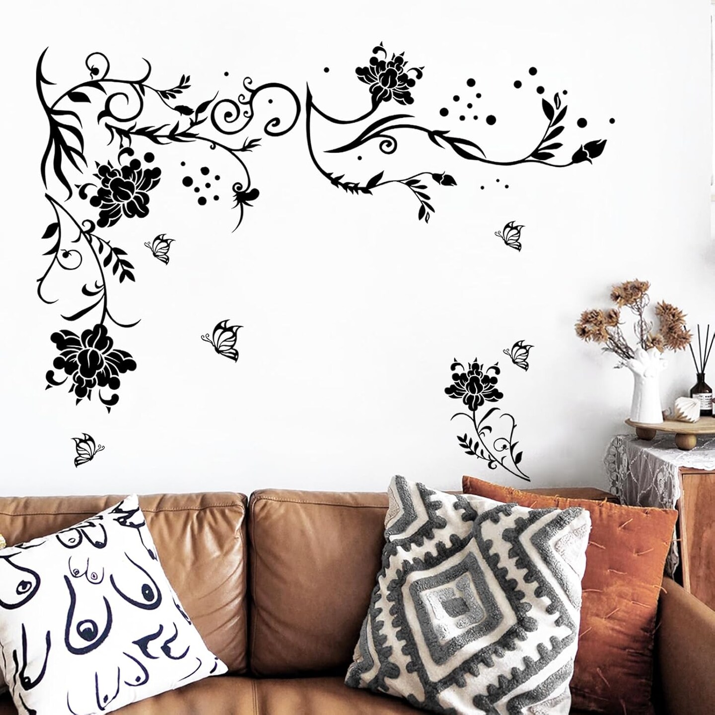 Supzone Flowers &#x26; Butterflies Wall Decals - DIY Black &#x26; Floral Wall Stickers for Bedrooms &#x26; Living Rooms