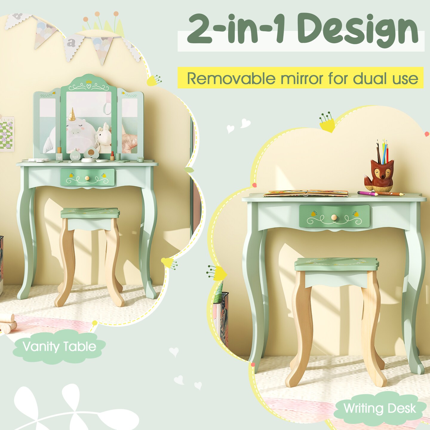 MDF Kids Vanity Set with Mirror, Drawer, Stool, Accessories and Convertible Design