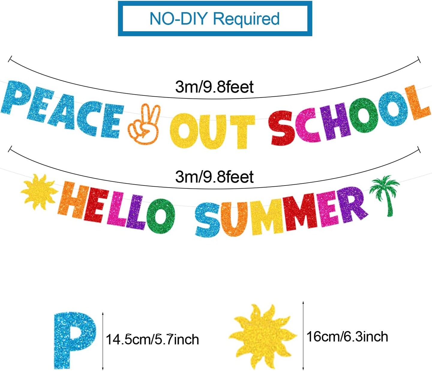 Glittery Peace out School Hello Summer Banner with Sun Palm Tree Colorful End of School Year Fireplace Wall Garland Last Day of School Summer Vacation Beach Pool Party Decorations