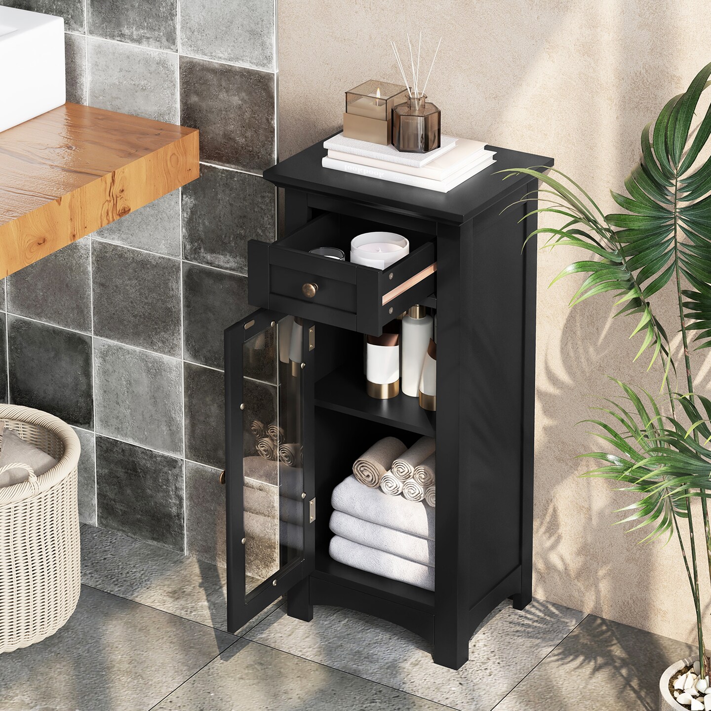 MDF Storage Cabinet with Glass Door, Drawer and Adjustable Shelf