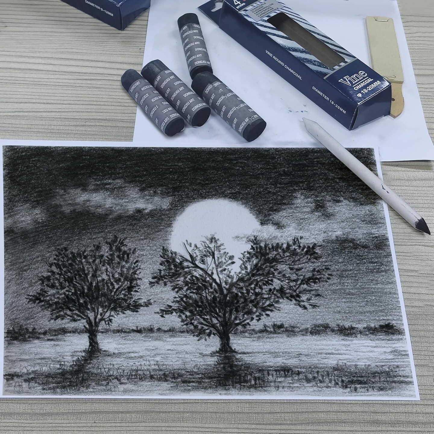 Vine Charcoal Sticks, 18-20 MM Jumbo Vine Charcoal Pencils for Artists, Beginners, 4 Pcs Natural Charcoal Stick for Sketching, Drawing, and Shading