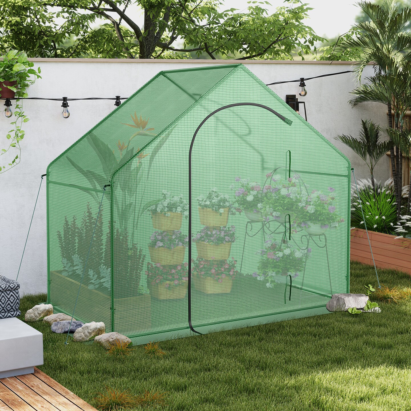 Green PE-Coated Metal Walk-In Warm Greenhouse with Roll-Up Door and Ventilation