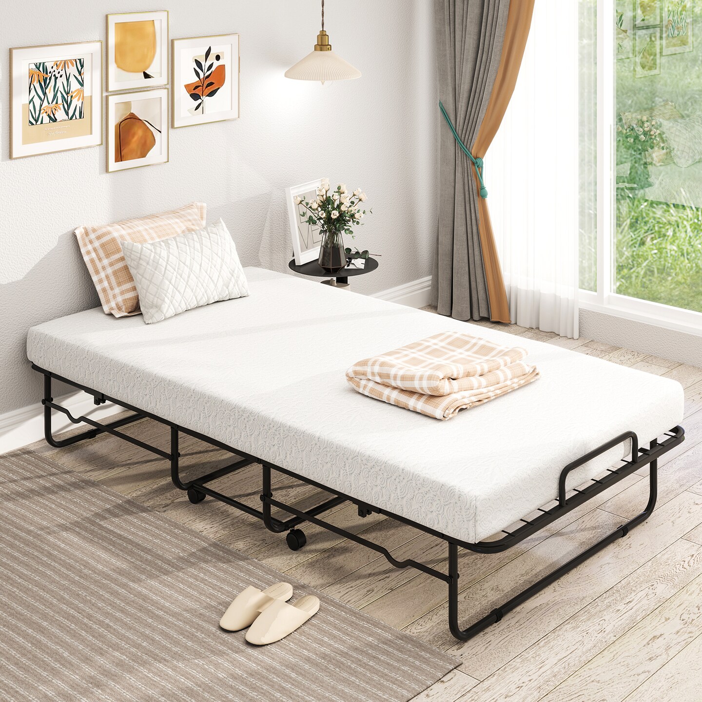White Memory Foam Mattress Folding Bed with Black Metal Frame and Casters