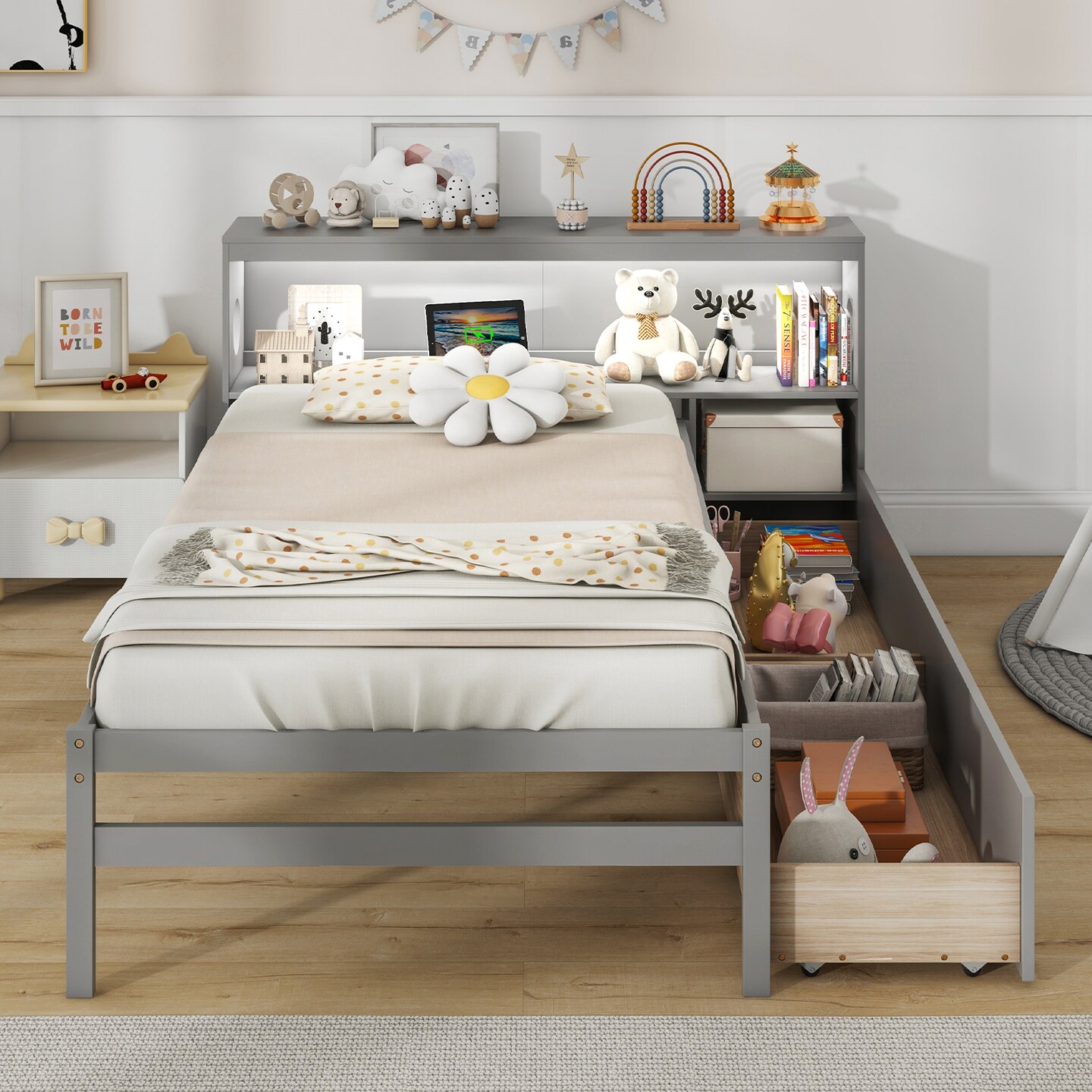 Solid Wood Bed with Storage Headboard, LED Light, USB Ports and Drawers