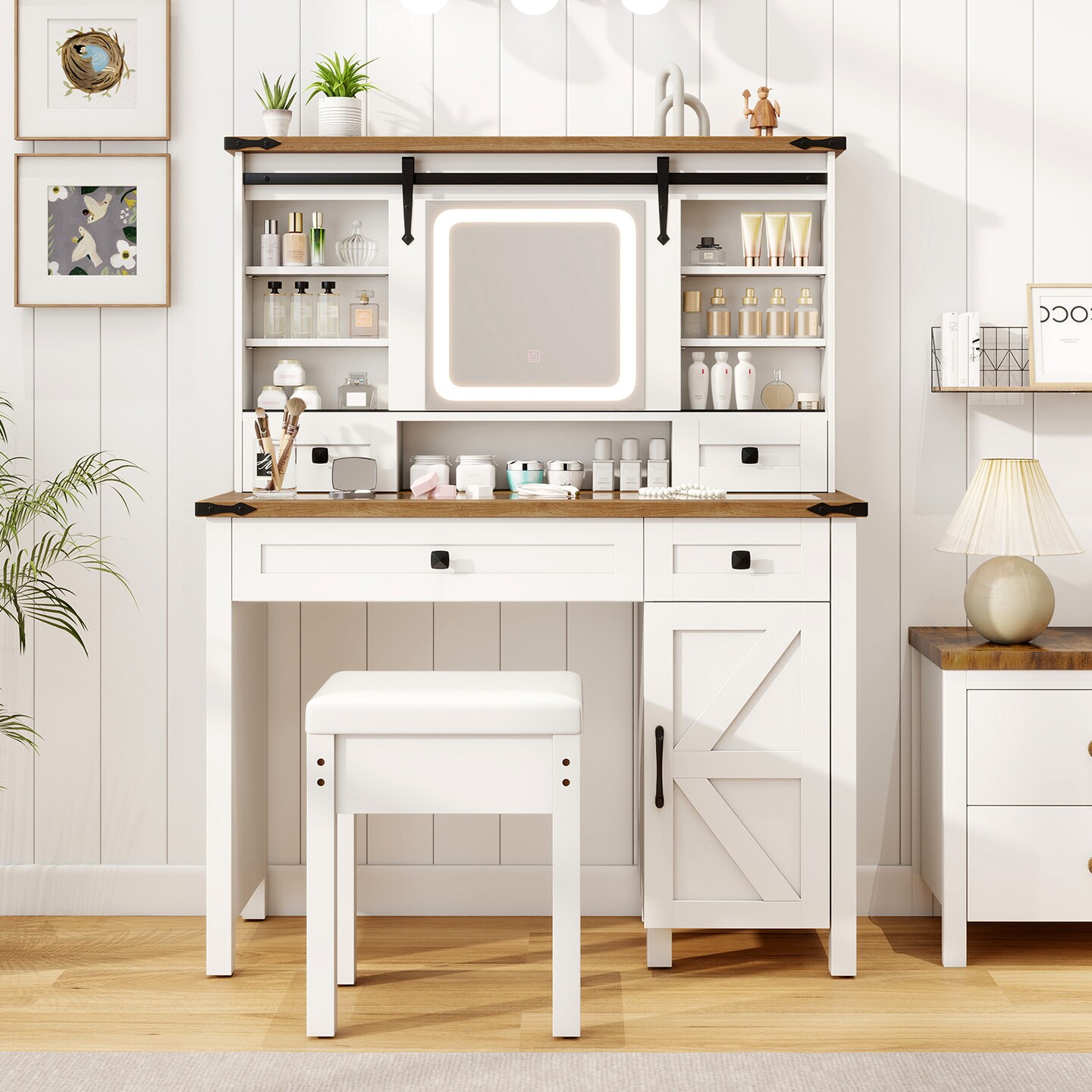 Makeup Vanity Desk with Mirror and 3-Color Dimmable LED Lights-White