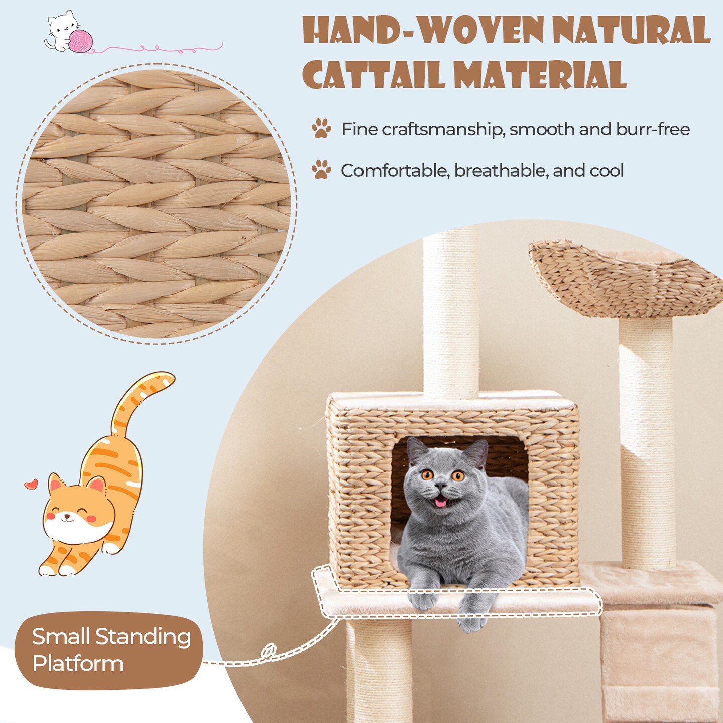 48 Inch Tall Cattail Cat Tower with 5 Full-Wrapped Scratching Posts and Soft Padded Cushions