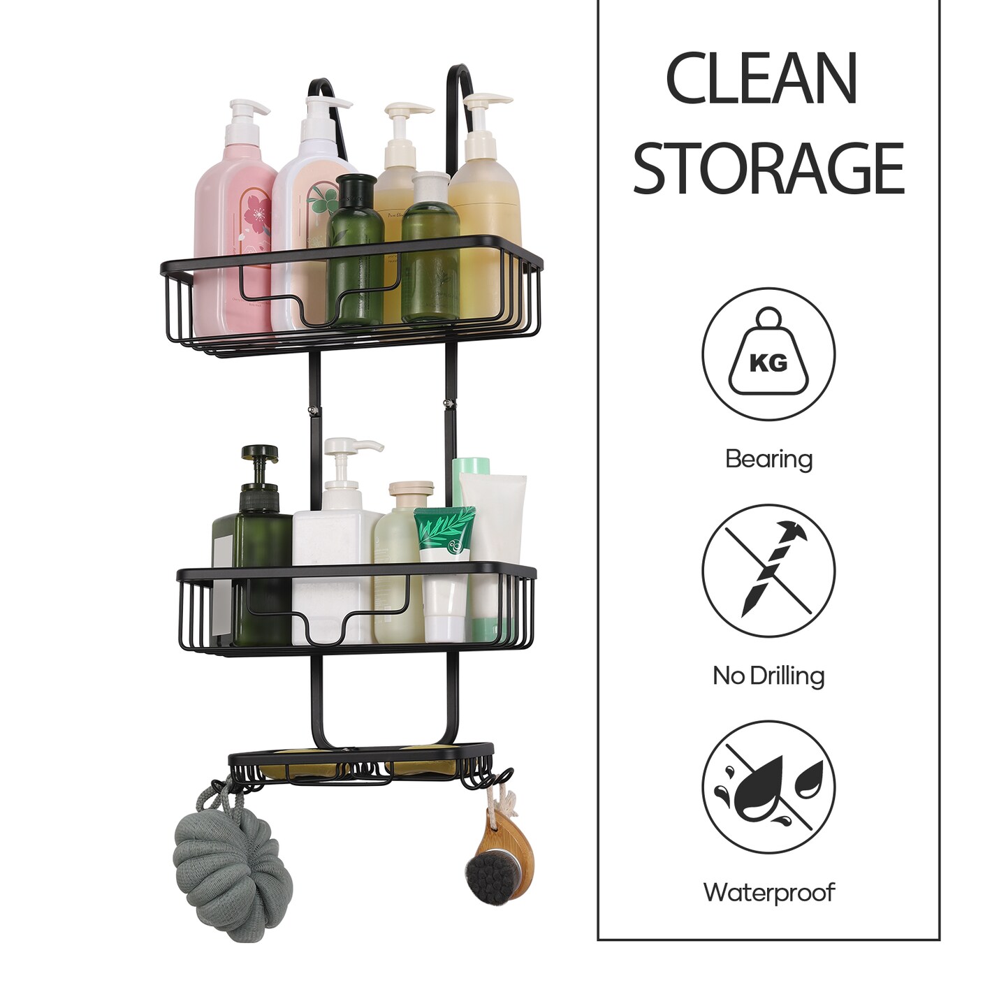 Over The Door Shower Caddy Organizer &#x2013; 3-Tier Aluminum Hanging Bathroom Storage with 2 Baskets, 4 Hooks &#x26; Soap Holder, Rustproof &#x26; No Drill Installation (Black)