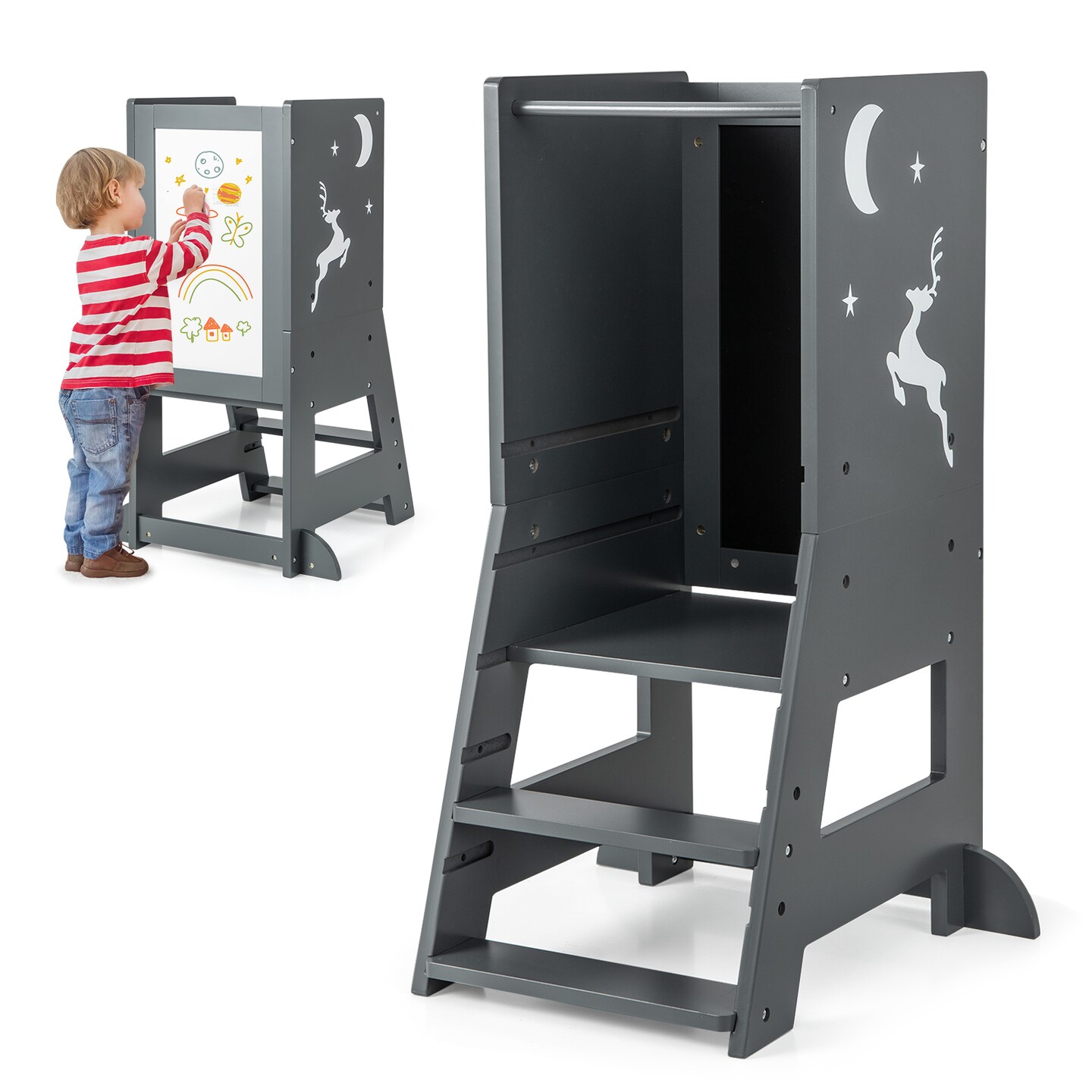 3 in 1 Multi-functional Design Kids Kitchen Standing Stool Tower with Chalkboard and Whiteboard