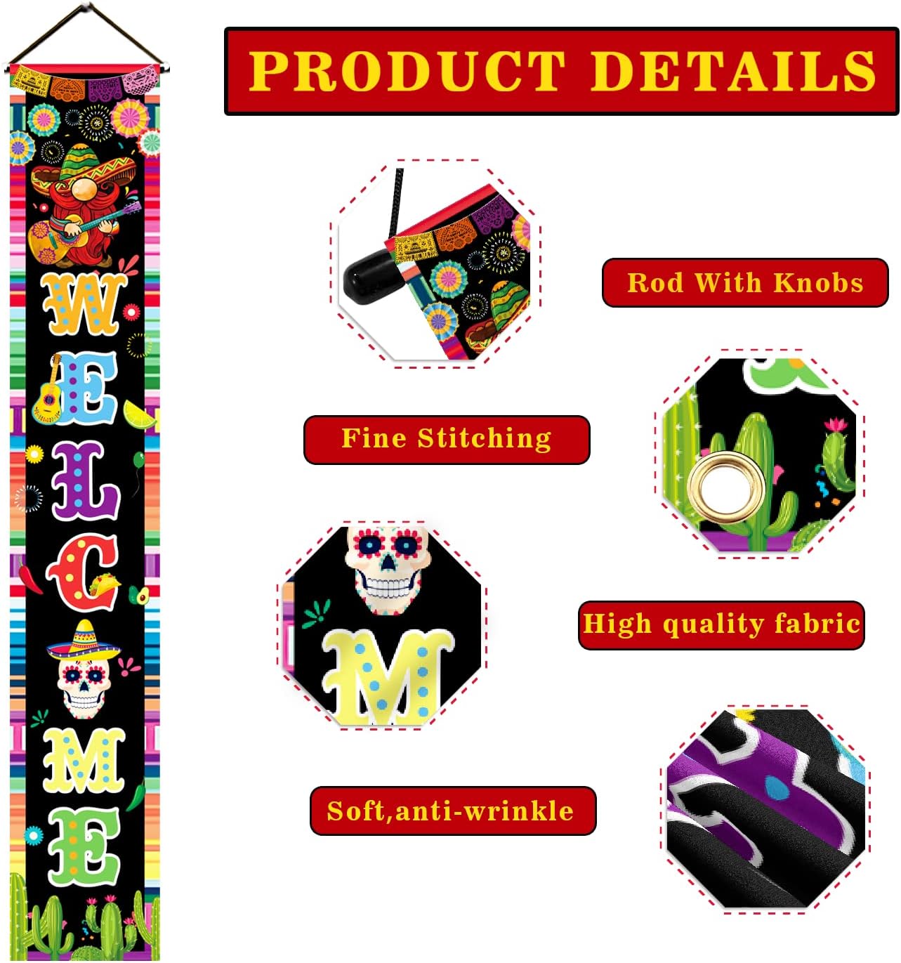 71&#x22; X 12&#x22; Cinco De Mayo Door Decorations Porch Banner, Cinco De Mayo Banner for 5 De Mayo Decorations, Welcome Let&#x27;s Fiesta Banner for Cinco De Mayo Party Decorations tineit