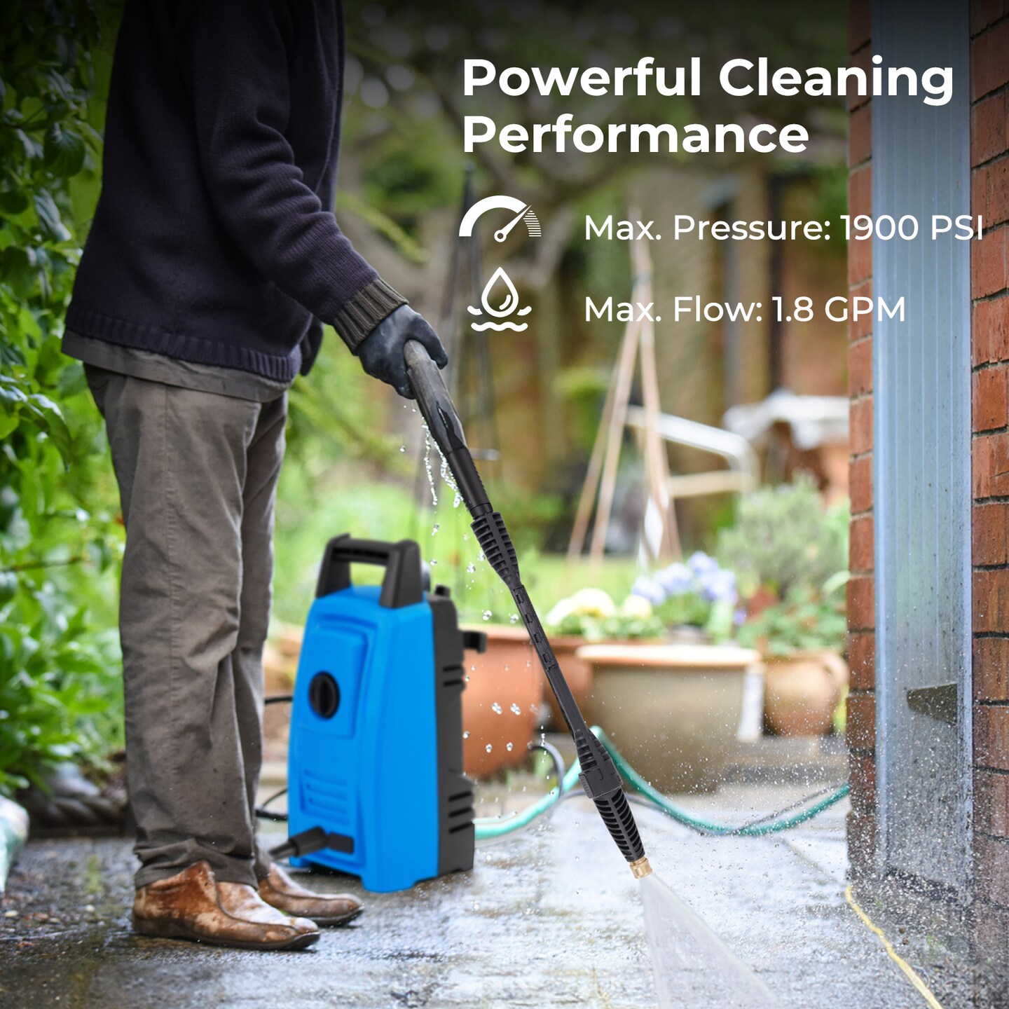 Blue 1900 PSI Electric Pressure Washer with 4 Quick Connect Nozzles and Portable Handle