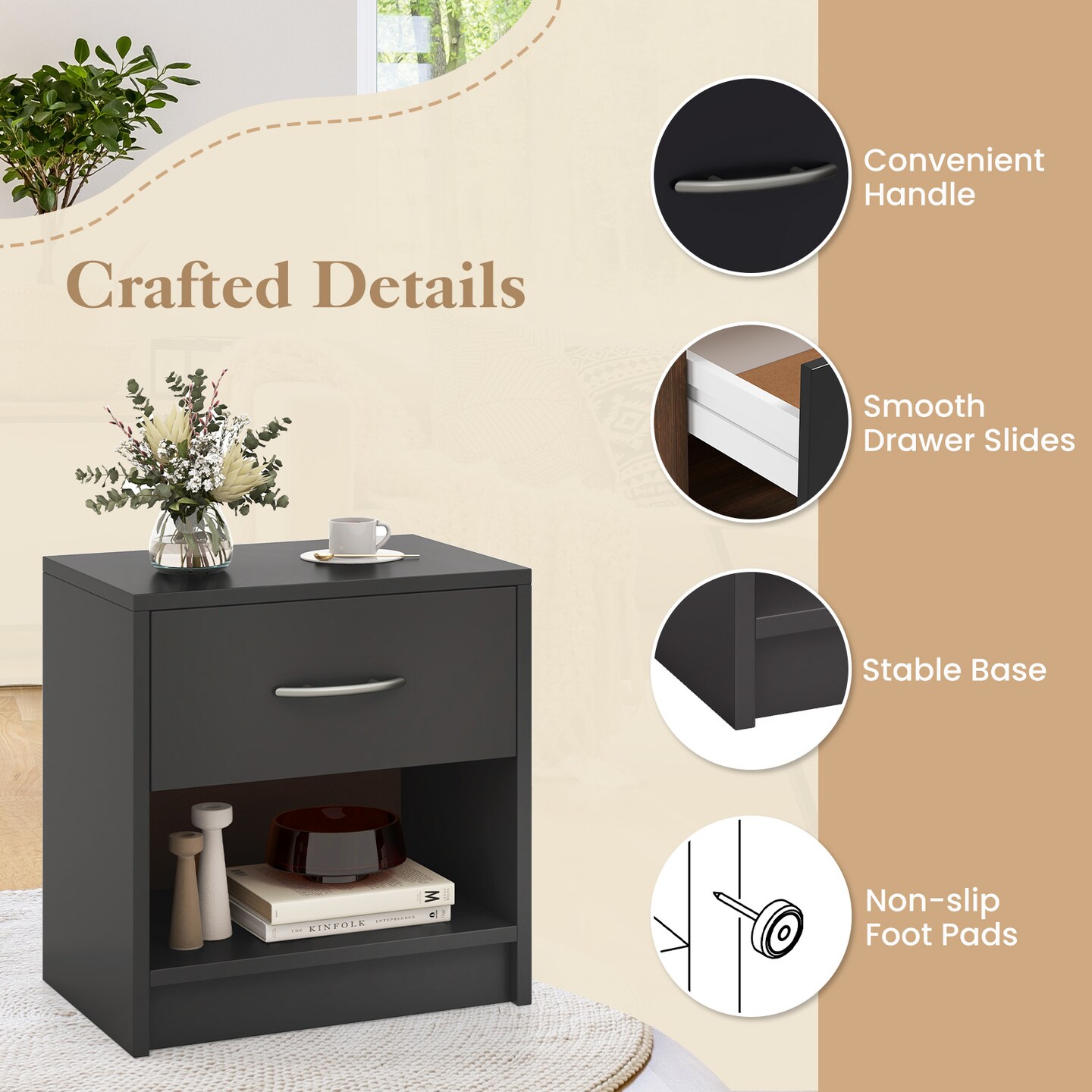 Nightstand with Drawer, Open Shelf, Modern Design and Sturdy Structure