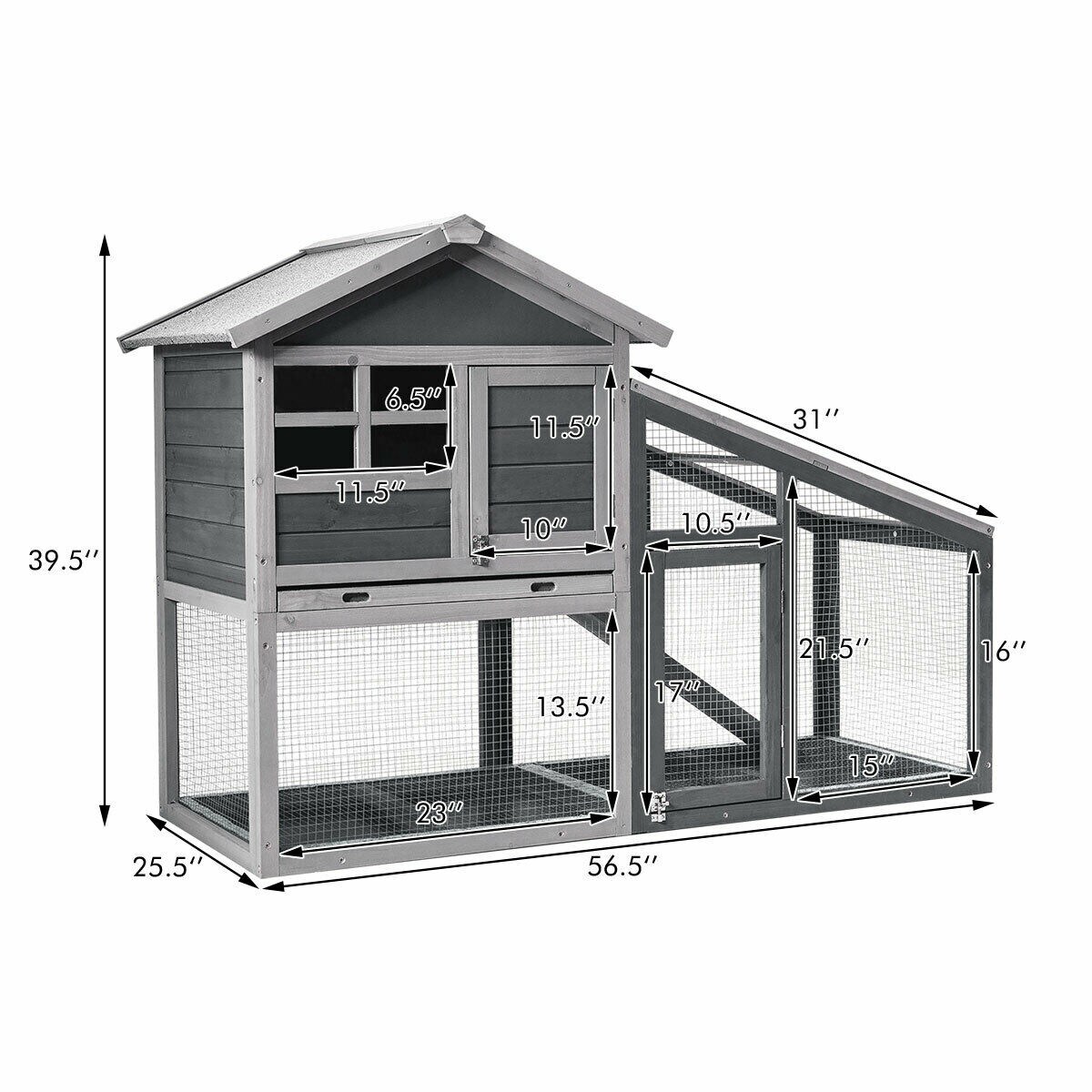 56.5 Inch Grey Wooden Rabbit House with Pull out Tray and Ramp Ideal for Small Animals