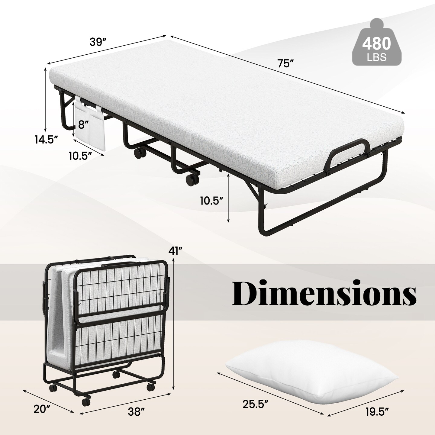 Folding Bed with Memory Foam Mattress and Pillow for Guest Room Use