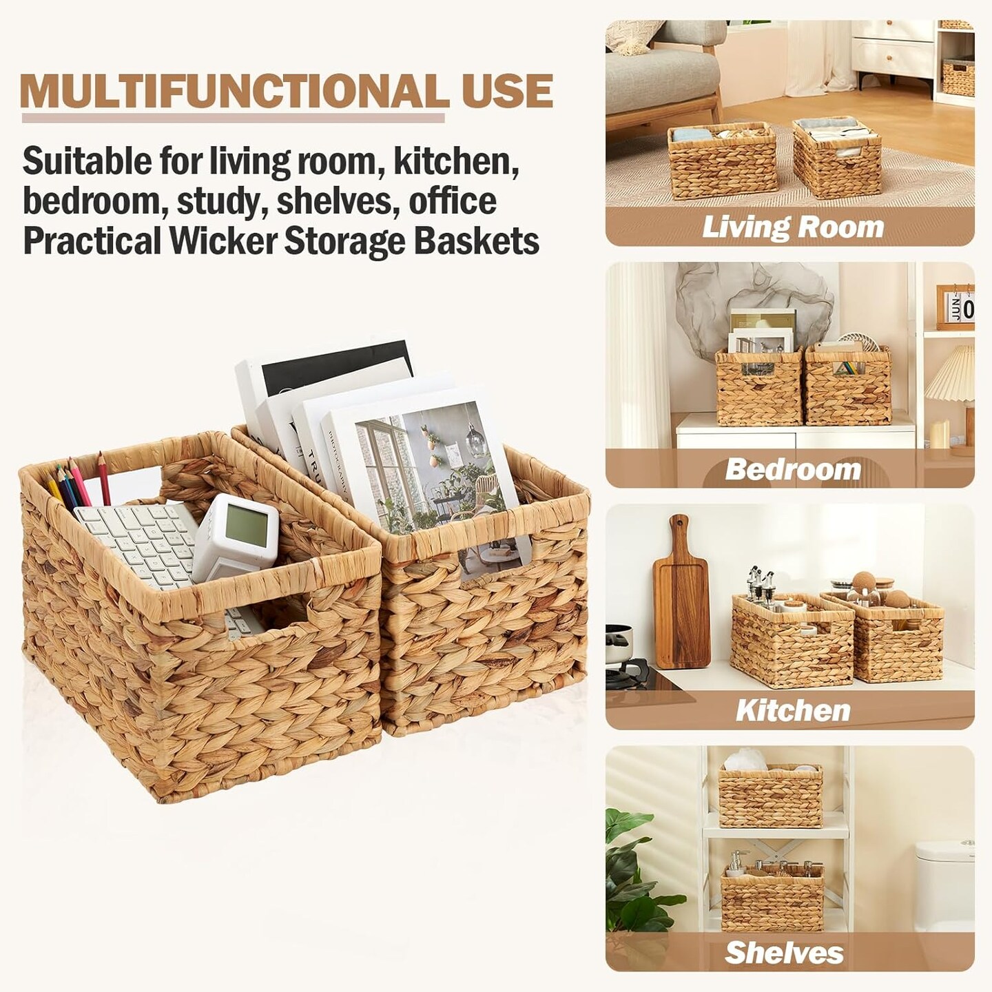 Spring Storage Basket, Water Hyacinth Storage Baskets with Built-in Handles, Large Wicker Baskets for Storage, 2 Pack Wicker Baskets for Organizing, Natural