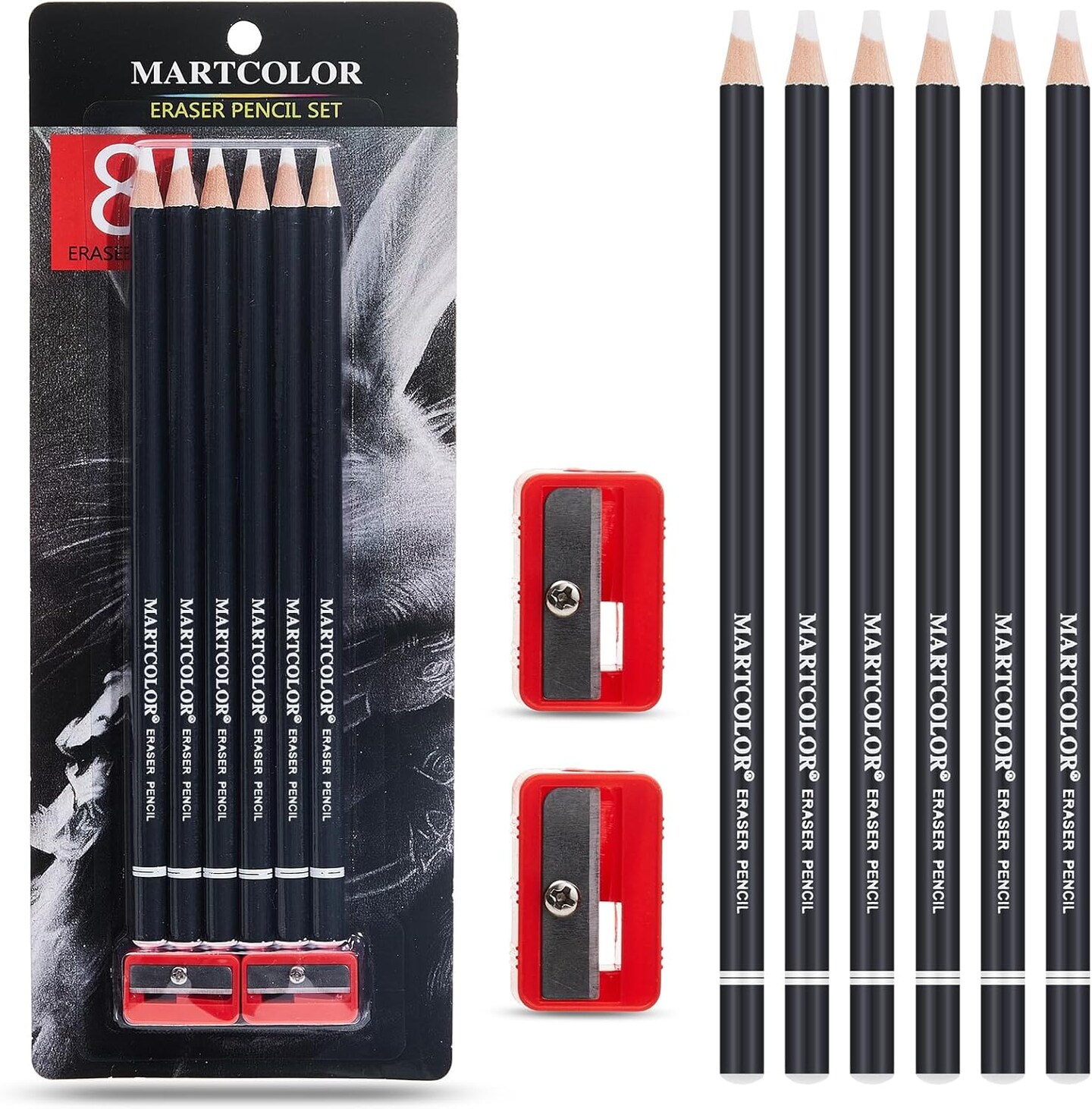 6 PCS Eraser Pencils & 2 Sharpeners Set – Precision Detail Erasers for Sketching, Charcoal & Colored Pencil Art – Fine Tip Drawing Tools for Artists, Students & Professionals