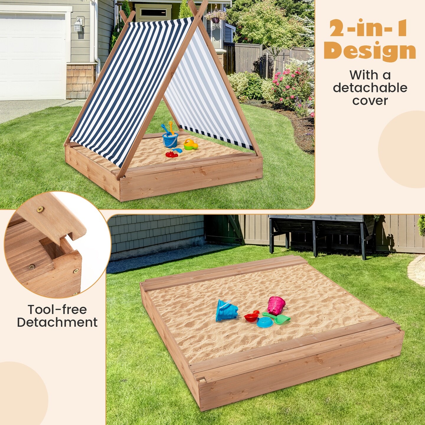 Wooden Sandbox with Canopy &#x26; Built-in Benches 49x48