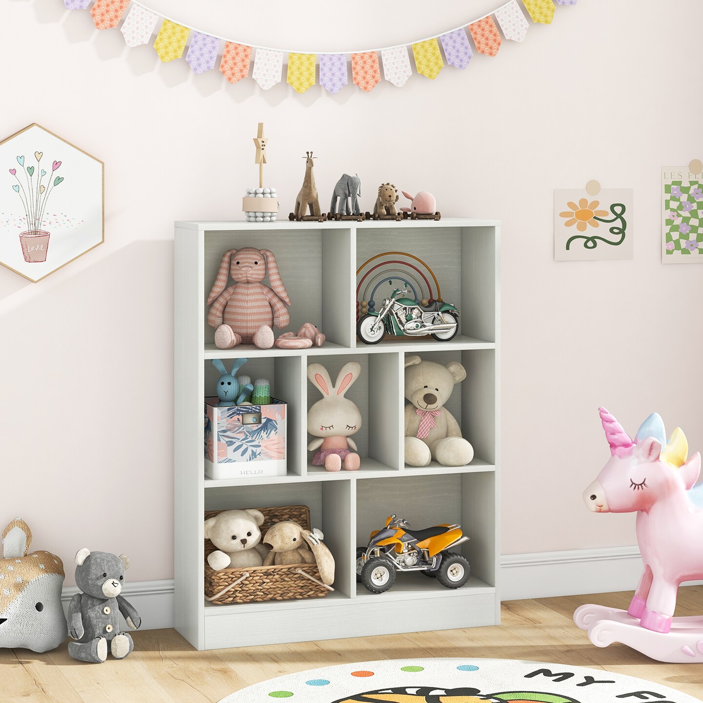 White Toy Storage Organizer with 3 Cubes and Anti-Tipping Kit for Kids Room