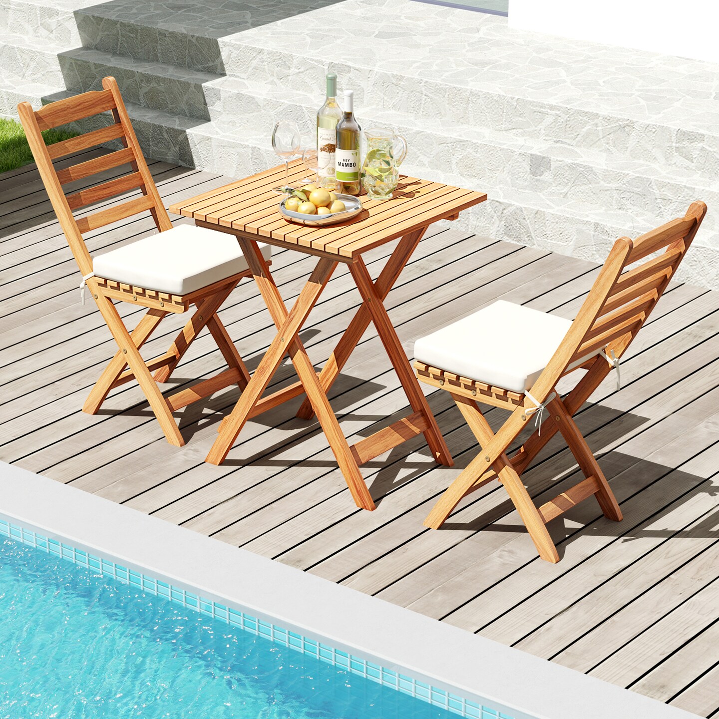 3 Pieces Patio Bistro Folding Chair Table Set with Soft Seat Cushions Ideal for Outdoor Use