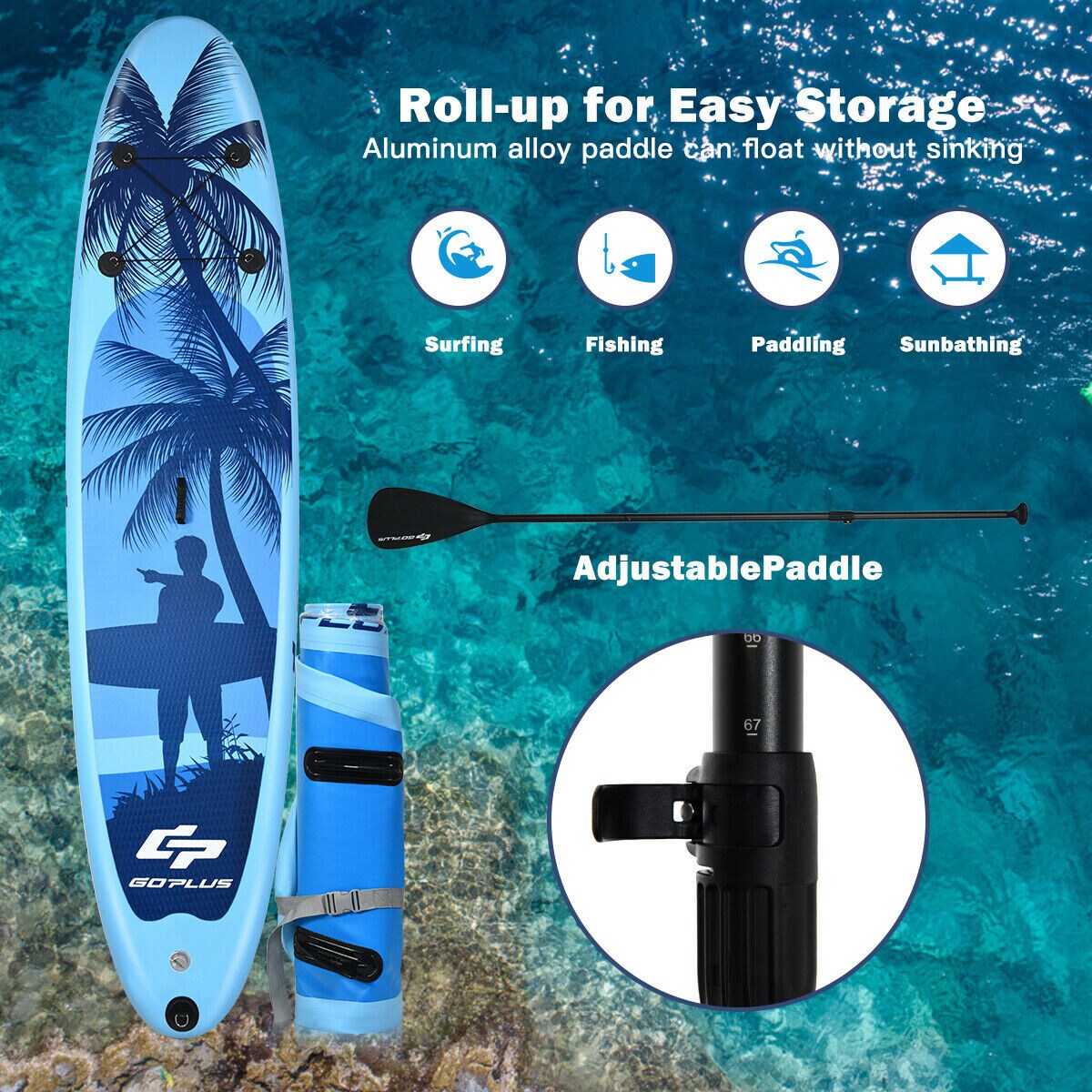 Blue PVC Inflatable Paddle Board Non-Slip Deck Adjustable Paddle Portable
