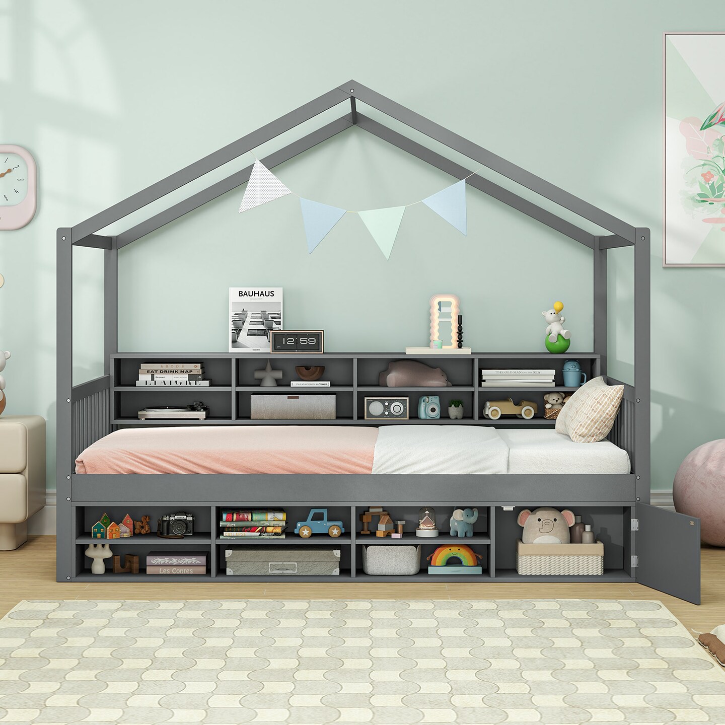 Grey House-Shaped Kids Bed with Storage Cubes, Bedside Shelf and Wooden Frame