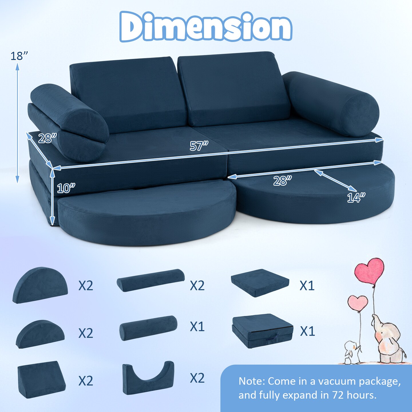 Velvet Suede 13-Piece Kids Modular Play Couch, Soft and Safe Design