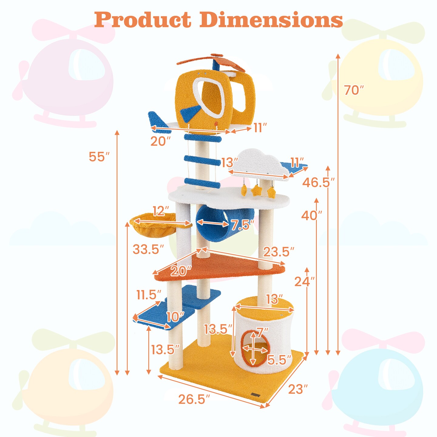 70 Inch Tall Aviation-Themed Cat Tree Tower with Helicopter Top Perch Ideal for Indoor Cats