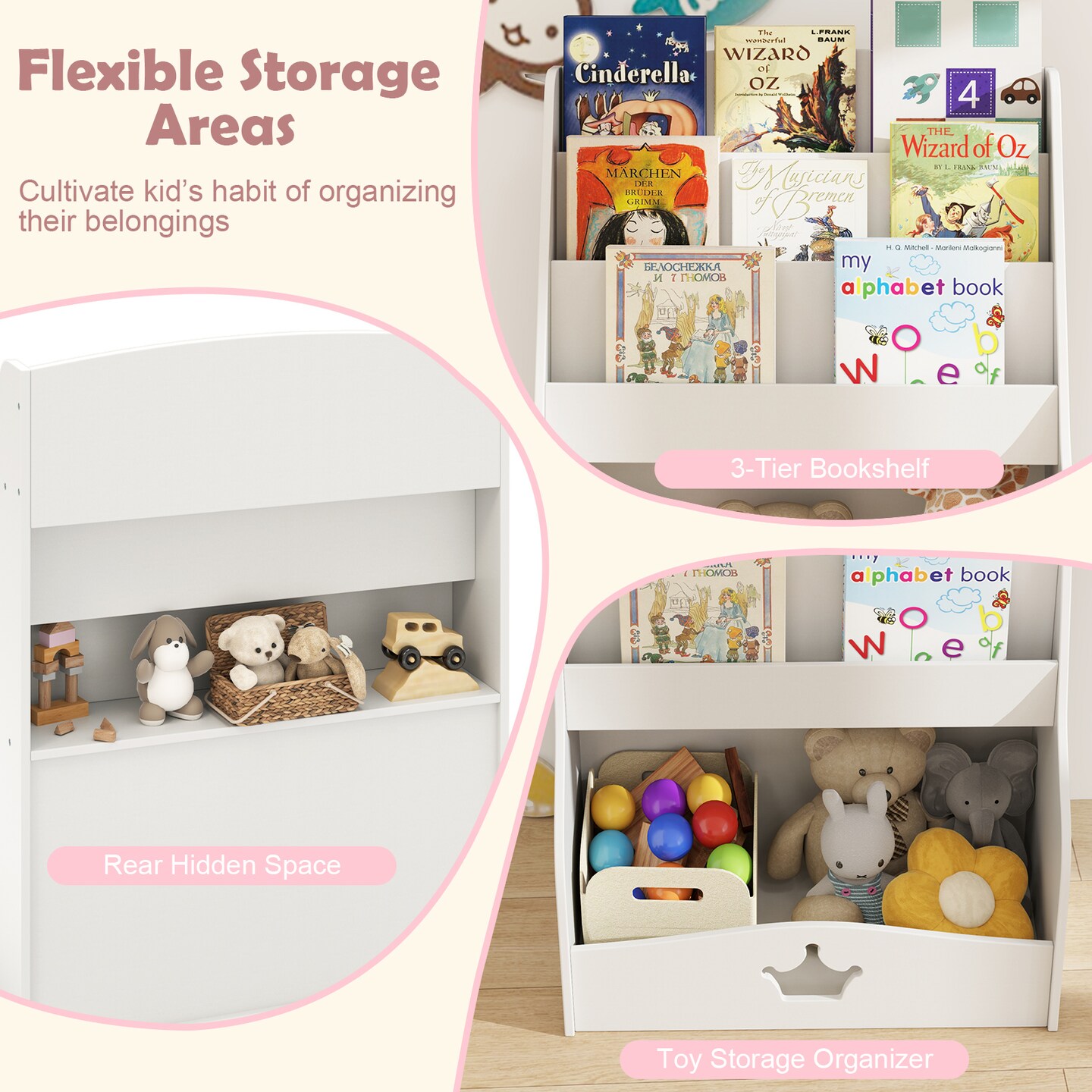 White MDF Kids Bookshelf with 4-Tier Storage, Hidden Compartment and Safety Features