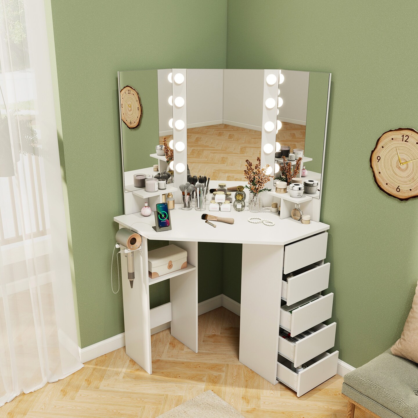 Corner Vanity Desk with 3-Panel Mirror, LED Lights, Charging Ports and Storage