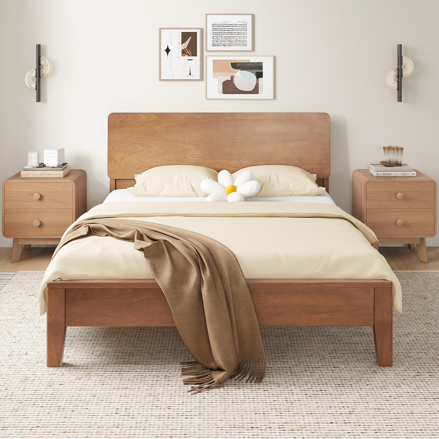 MDF and Rubber Wood Nightstand with 2 Drawers and Mid-Century Modern Design