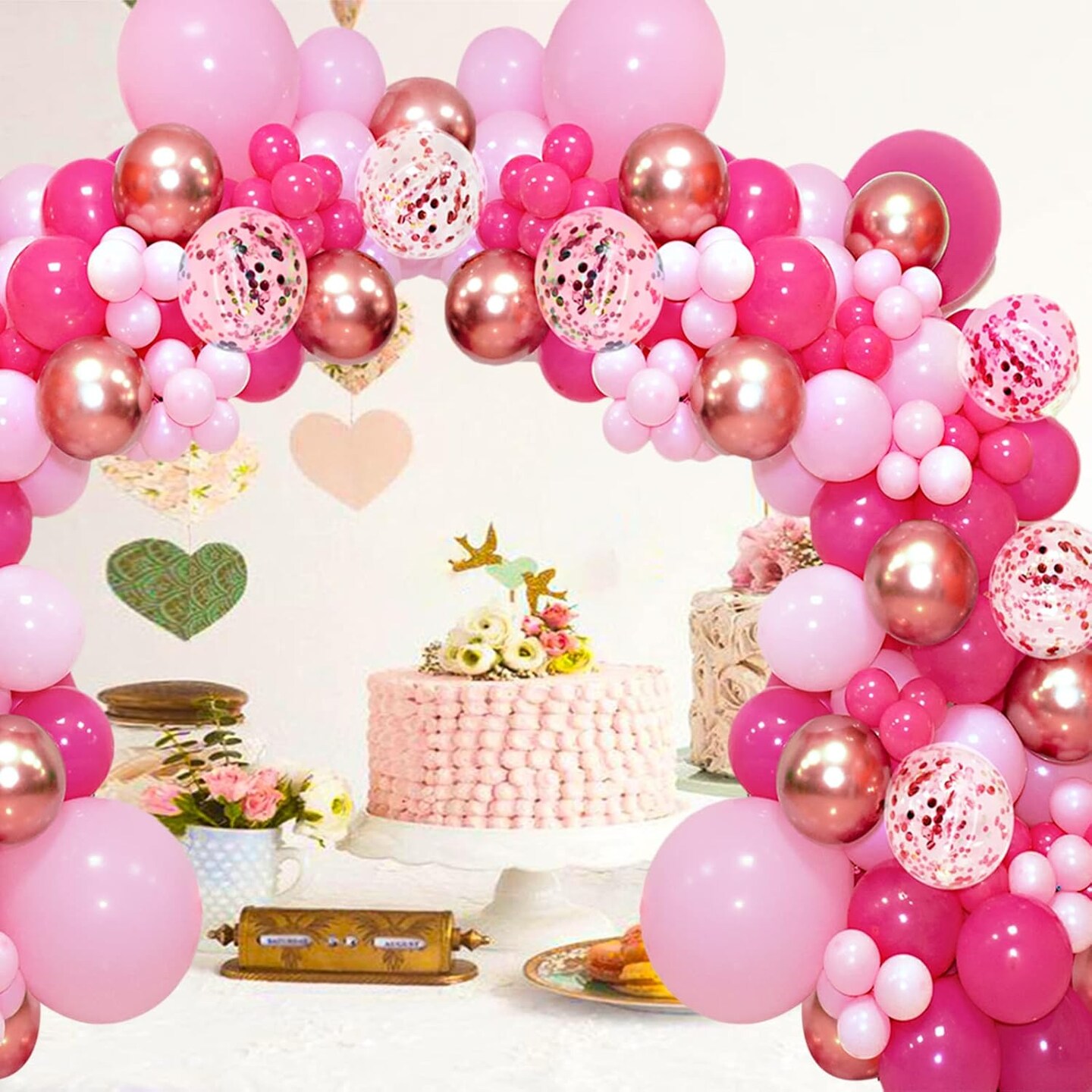 Pink Balloon Garland Arch Kit, 145pcs Hot Pink Rose Gold Balloons with Confetti Balloons for Mother's Day Decoration Girl's Birthday Bridal Baby Shower Princess Theme Party Background Decorations