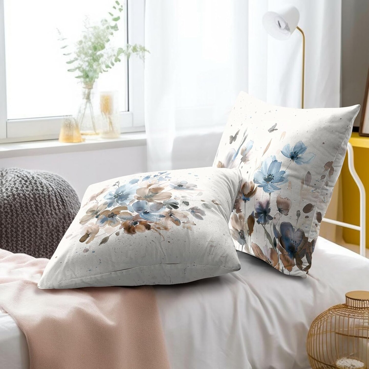 Floral Throw Pillow Covers Watercolor Blue Flowers Pillowcase Ink Art Style Home Decorative Soft Square Cushion Cover 18X18 Inch for Sofa Bedroom Living Room,Set of 2