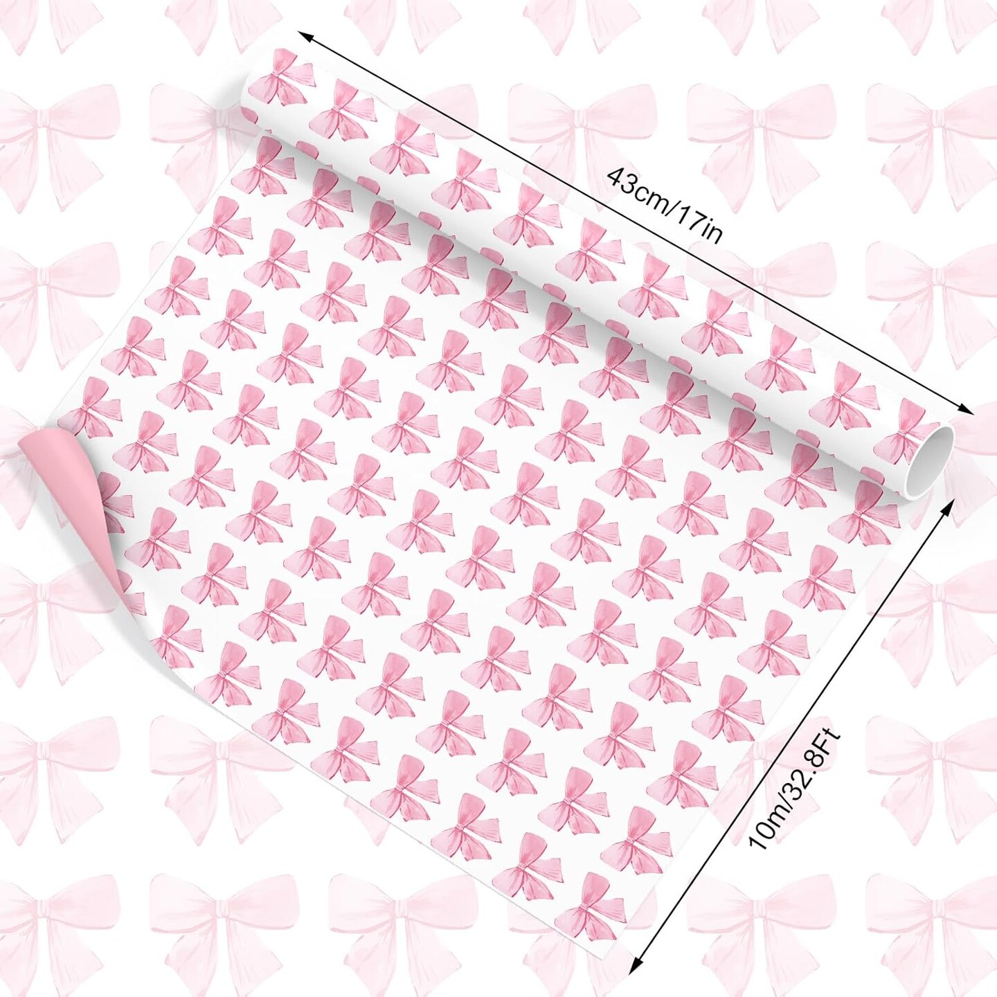 Pink Bow Wrapping Paper -Mini Roll- 17In x 32.8 Ft Watercolor Bow Knot Gift Wrap Paper Sweet Craft Paper for Valentine&#x27;s Day Birthday Wedding Party Packing Supplies